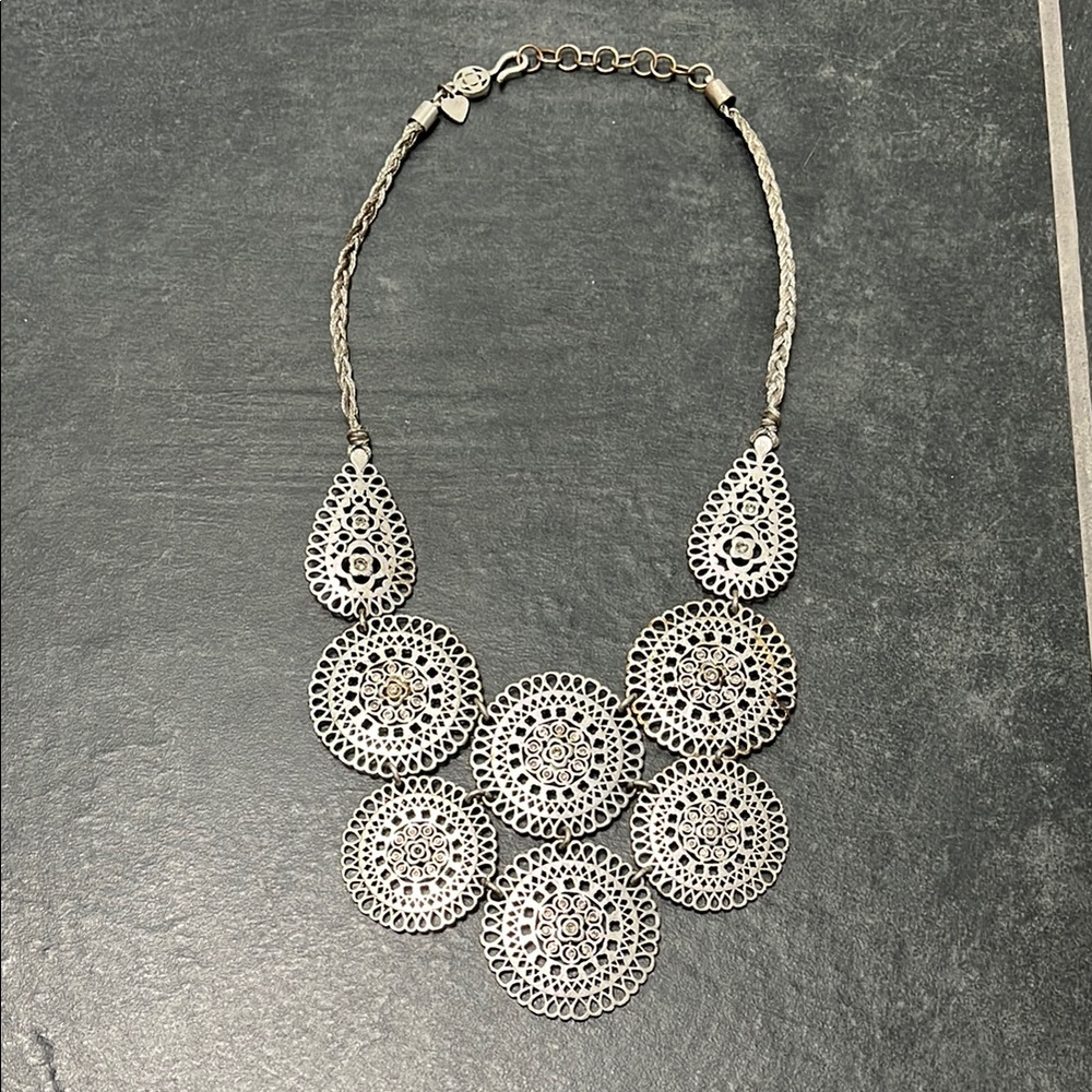 Stella & Dot Medina bib Silver Necklace with Intricate Design